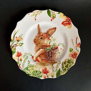 Pier 1 Lilly Rabbit Floral 8.5" Salad/ Dessert Dish Easter Decor Cottage Core